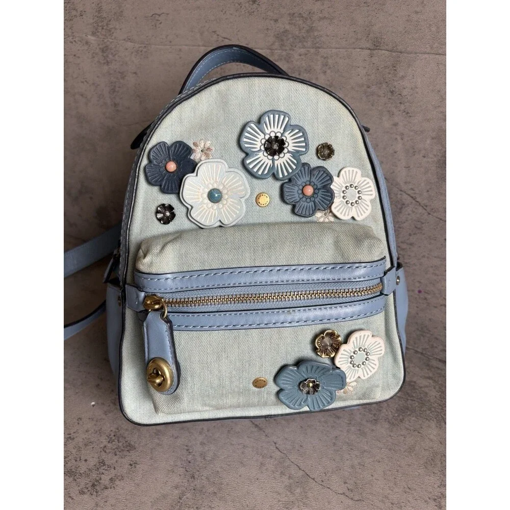 Authentic Coach Tea Rose 54068 bag Rucksack Denim Indigo Mini Leather Backpack